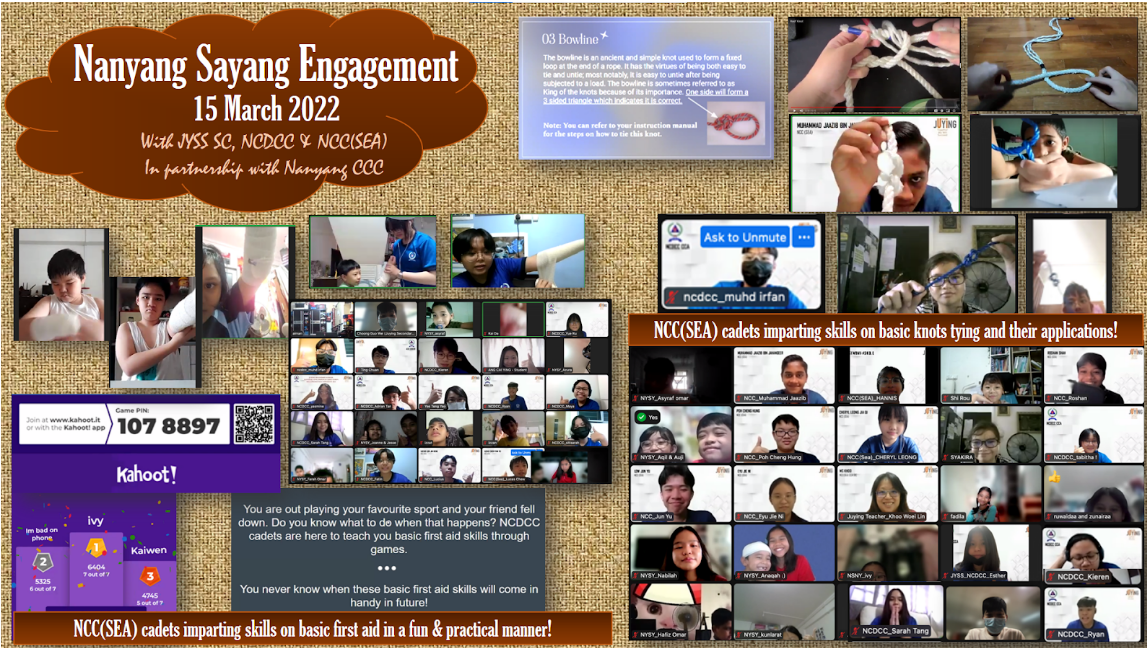 Collage from Nanyang Sayang Engagement on 15 March 2022 showing students in virtual sessions learning knots and first aid.